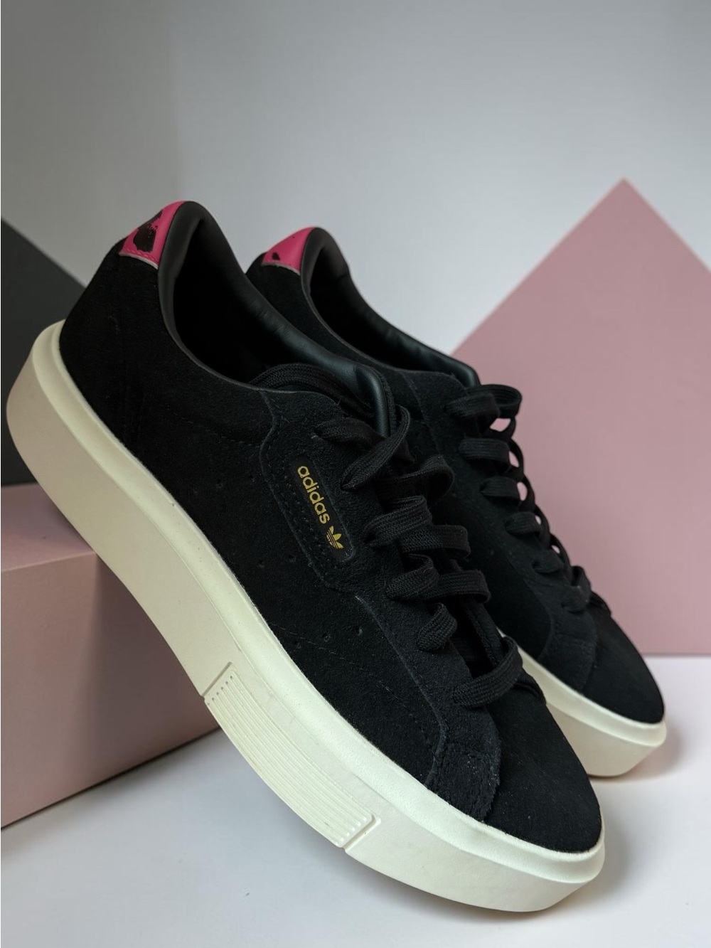 adidas Black Suede Platform Sneakers with Pink Heel Tab
